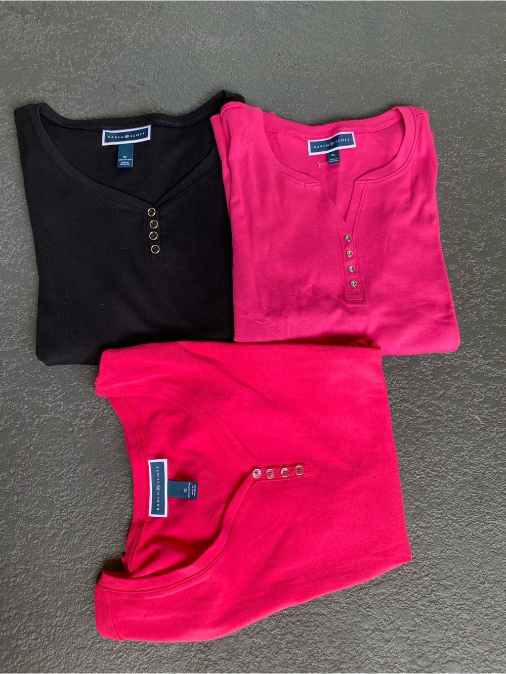 Karen Scott a woman Henley Tops in Black and Bright Pink Trio
